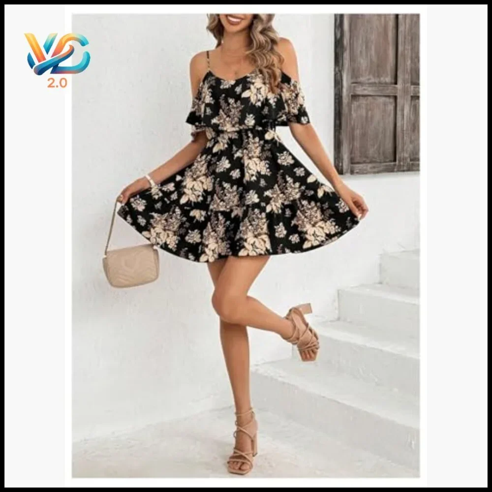 Boho Floral Cold Shoulder Mini Dress Ruffle A-Line Casual Vacation